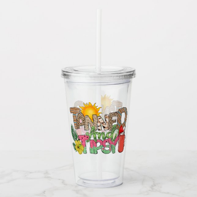 Tannad och tipsy | Roligt Sommardesign Party Take Away Mugg (Framsida)