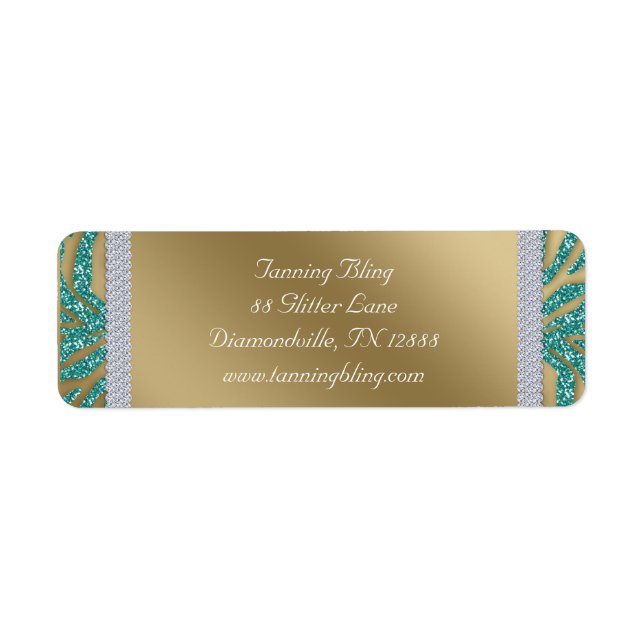 Tanning Salon Glitter Zebra Teal Guld Returadress Etikett (Framsidan)