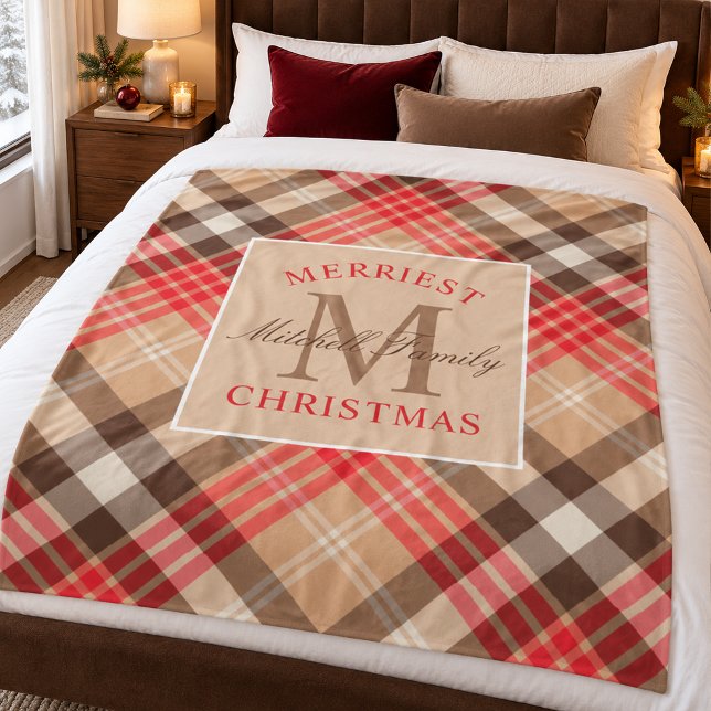 Tanröd Tartan Gladast jul Monogram Fleecefilt (Skapare uppladdad)