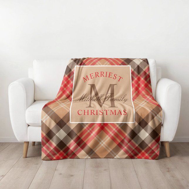 Tanröd Tartan Gladast jul Monogram Fleecefilt (Skapare uppladdad)