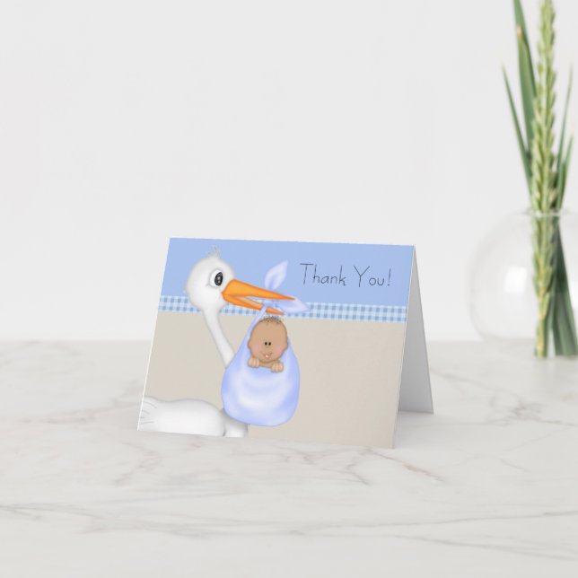Tant blå stork baby pojke tackkort (Framsida)