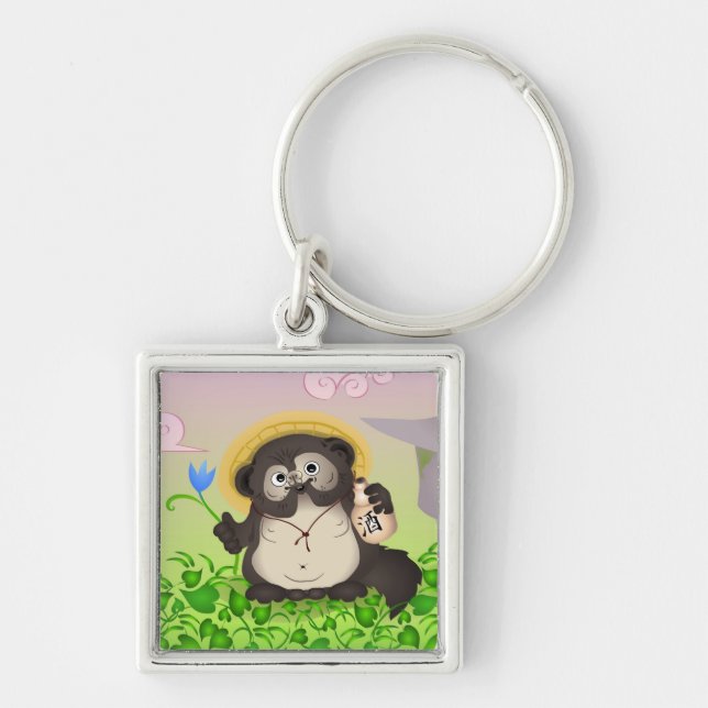 Tanuki keychain fyrkantig silverfärgad nyckelring (Framsidan)