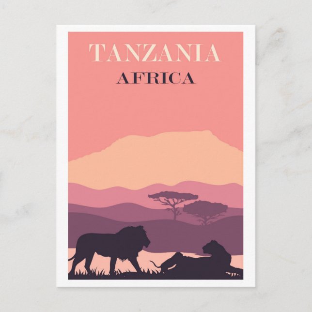Tanzania Afrika Rosa Vintage Lejon Travel Vykort (Framsida)