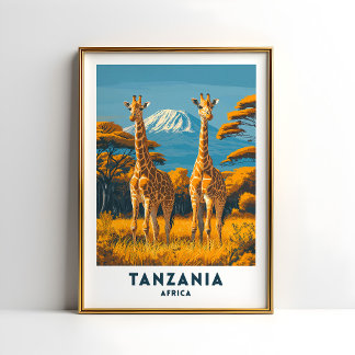 Tanzania Giraffe Safari Resemålning Affisch Konst