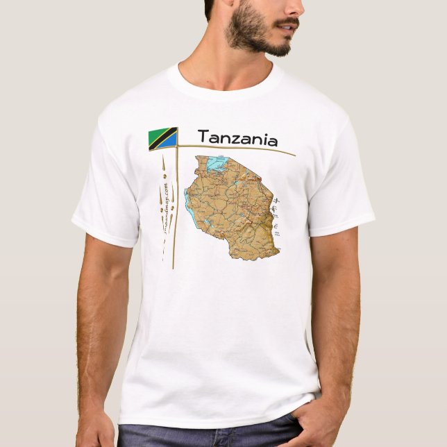 Tanzania Karta + Flagga + Rubrik T-Shirt (Framsida)