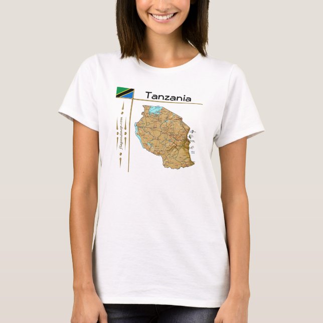 Tanzania-karta + flagga + titel T-shirt (Framsida)
