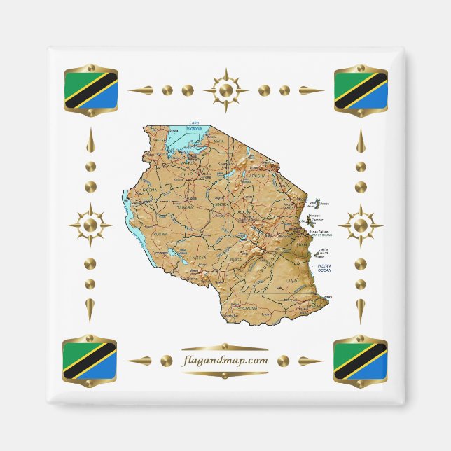 Tanzania Karta + Flaggor Magnet (Framsidan)