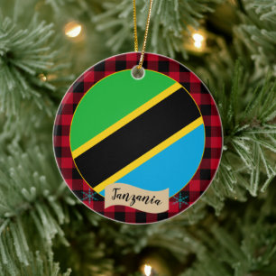 Tanzania, Red buffalo plaid & Tanzania Flagga Julgransprydnad Keramik