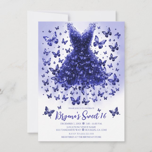 Tanzanite Fjäril Klänning December Födelse Sten Inbjudningar (Framsida)