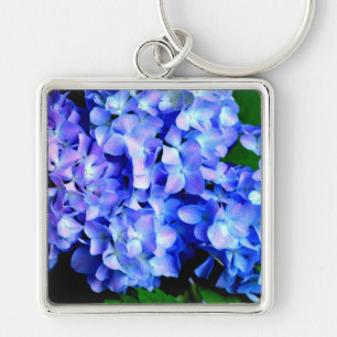 Tanzanite hydrangeas, blåblommor av lila magenta fyrkantig silverfärgad nyckelring