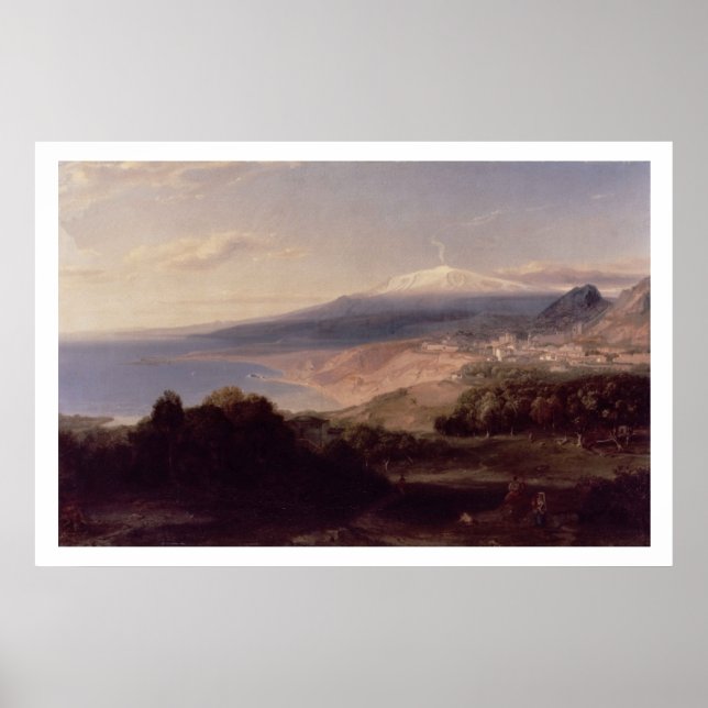 Taormina och Mount Etna, c.1840 (olja på arbetsyta Poster (Framsidan)