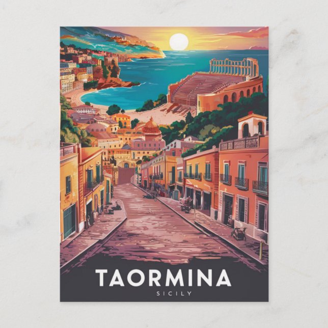 Taormina, Sicilien Stylist Vattenfärg Måleri Vykort (Framsida)