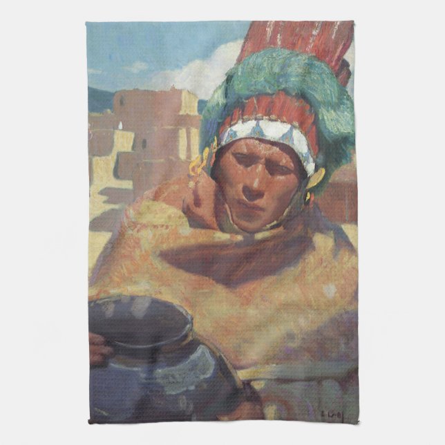 Taos Indian Holding a Vatten Jug by Blumenschein Kökshandduk (Vertikal)