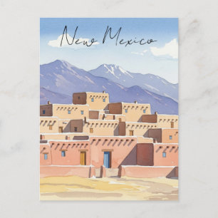 Taos Pueblo New mexico Watercolor Vykort