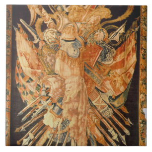 Tapestry som visar krigtroféer (textilen) kakelplatta