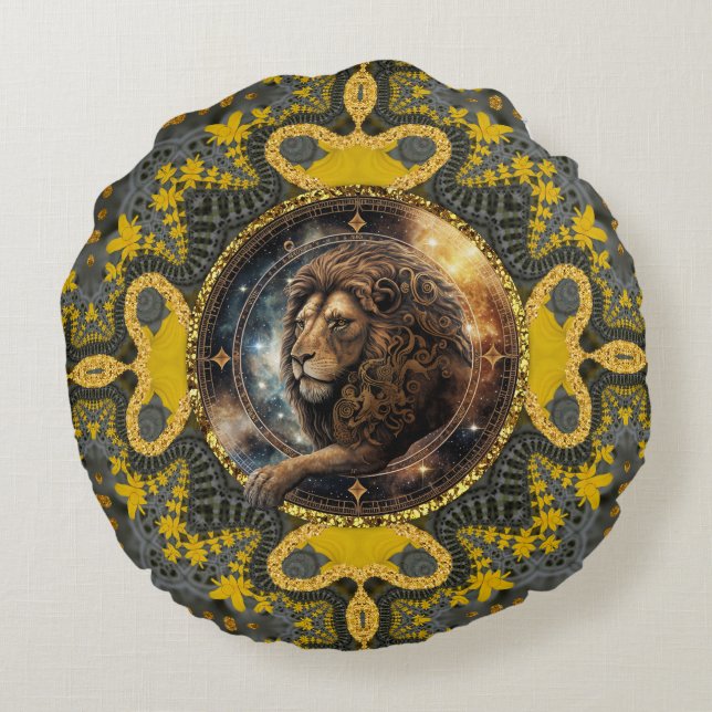 tapper Leo Zodiac Guld Gult Fractal Mandala Rund Kudde (Baksidan)