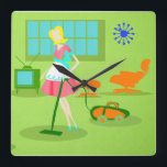 Tar tid på den moderna Retro hemmafruväggen för Fyrkantig Klocka<br><div class="desc">Denna moderna Retro hemmafruvägg för det mitt- århundradet tar tid på ska har dig avbrott ut ditt strandar av pärlor för att göra de mest mundane uppgifterna. Designen presenterar en limefruktgröntbakgrund med en grönt, uppsättningen för klassikerrörtelevision (som är färdig med kaninöron), en orange vardagsrumstol och footstool, och en blått, starburst...</div>