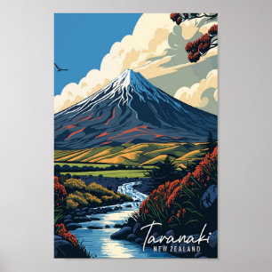 Taranaki New Zealand vintage resor illustration Poster