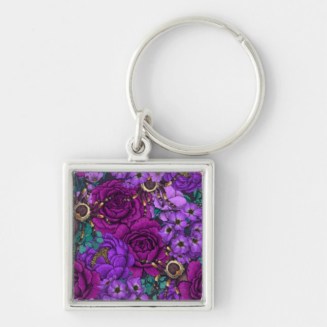 Tarantula-trädgård 3 fyrkantig silverfärgad nyckelring (Framsidan)