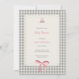 tarjeta baby shower gigham en rosa inbjudningar