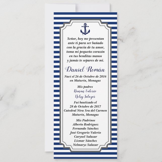 Tarjeta de Bautizo Nautico Ancla azul gris Inbjudningar (Framsida)