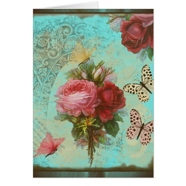 Tarjeta de felicitación turquesa y y flores rosas hälsningskort (Framsidan)