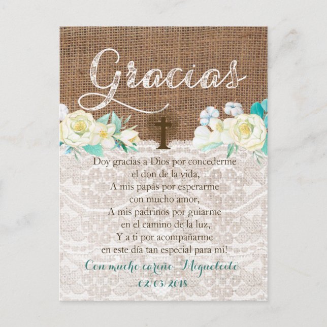 Tarjeta de gracias con oración para Bautismo Vykort (Framsida)