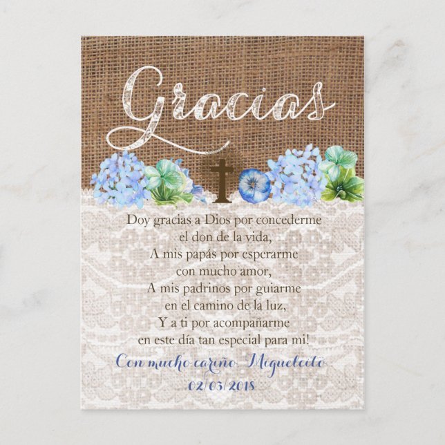 Tarjeta de gracias con oración para Bautizo Vykort (Framsida)