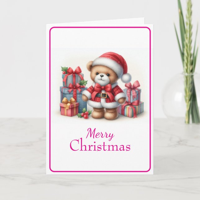 Tarjeta de Navidad con imagen de osito y regalos Kort (Framsida)