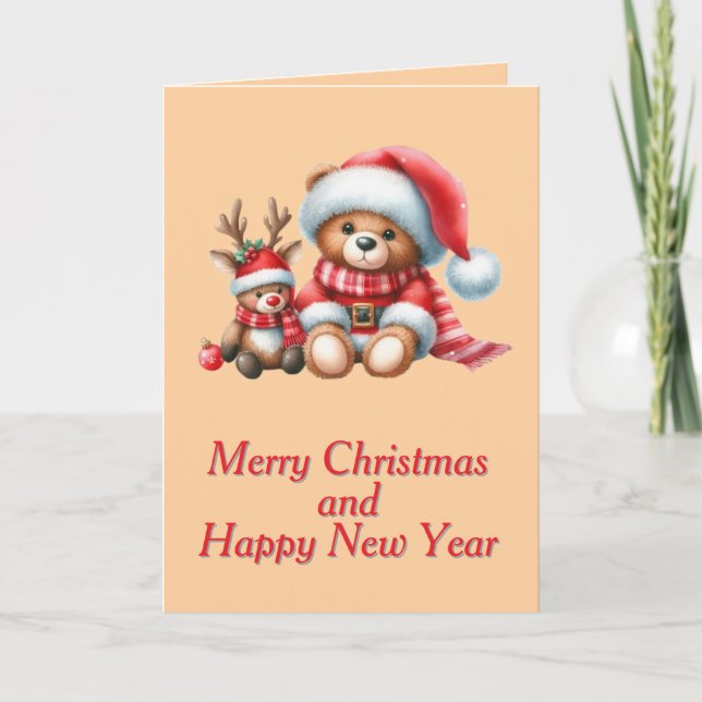 Tarjeta de Navidad con imagen de osito y reno. Kort (Framsida)