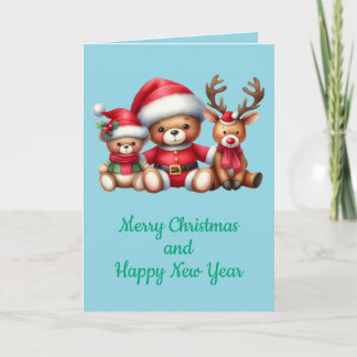 Tarjeta de Navidad con imagen de osito y reno. Kort