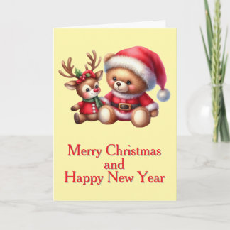 Tarjeta de Navidad con imagen de osito y reno. Kort