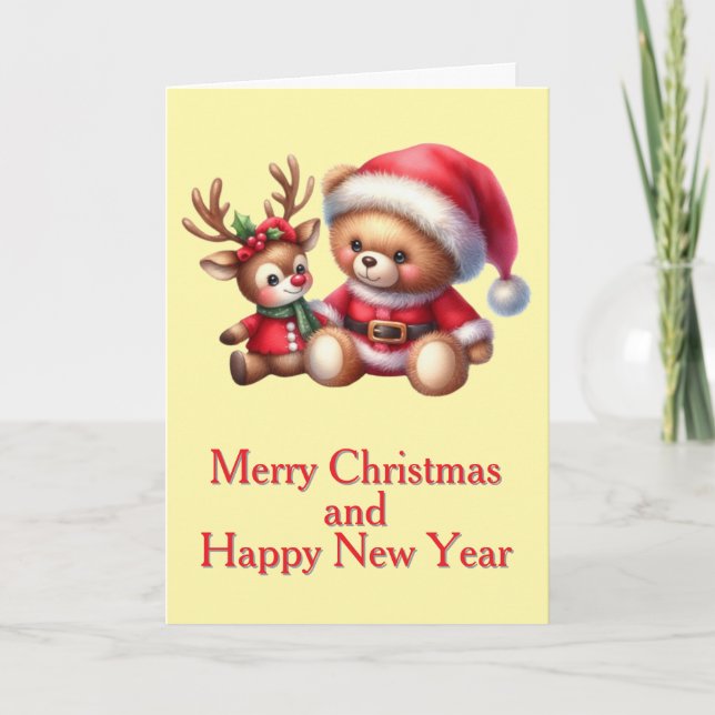 Tarjeta de Navidad con imagen de osito y reno. Kort (Framsida)