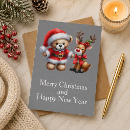 Tarjeta de Navidad con imagen de osito y reno. Kort