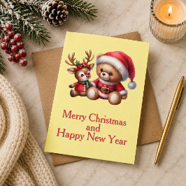 Tarjeta de Navidad con imagen de osito y reno. Kort
