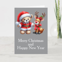 Tarjeta de Navidad con imagen de osito y reno. Kort