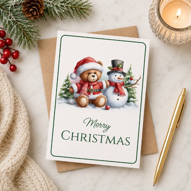 Tarjeta de Navidad con imagen de osito y snowman Kort (Skapare uppladdad)