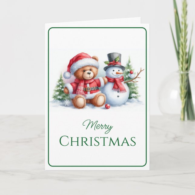 Tarjeta de Navidad con imagen de osito y snowman Kort (Framsida)