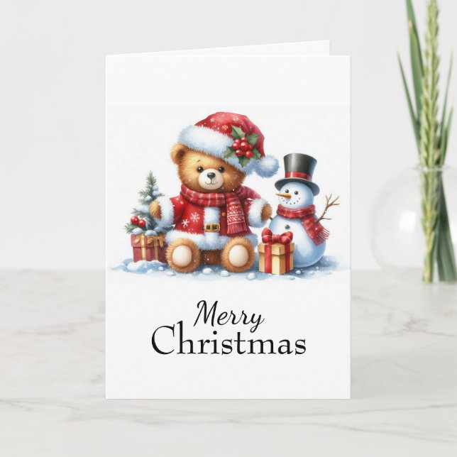Tarjeta de Navidad: Teddy Bear y Snowman Kort (Framsida)