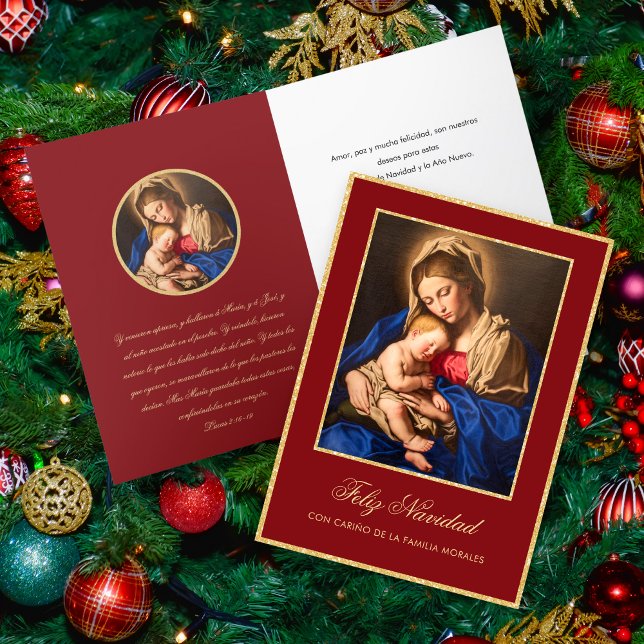 Tarjeta de Navidad Virgen María y Jesús jul Helgkort (Tarjeta navideña religiosa roja y dorada en español con la Virgen y el Niño)