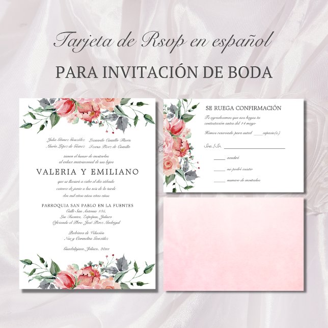 Tarjeta de OSA de boda rosa elegante Spansk OSA (Tarjeta de RSVP en español con flores rosados)