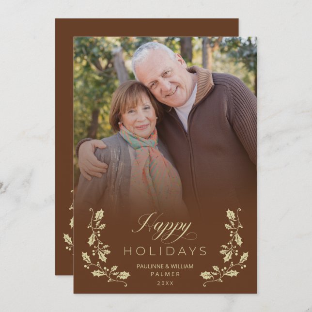 Tarjeta Festiva Brown Whimsical Script Quote Photo Julkort (Fram/baksida)