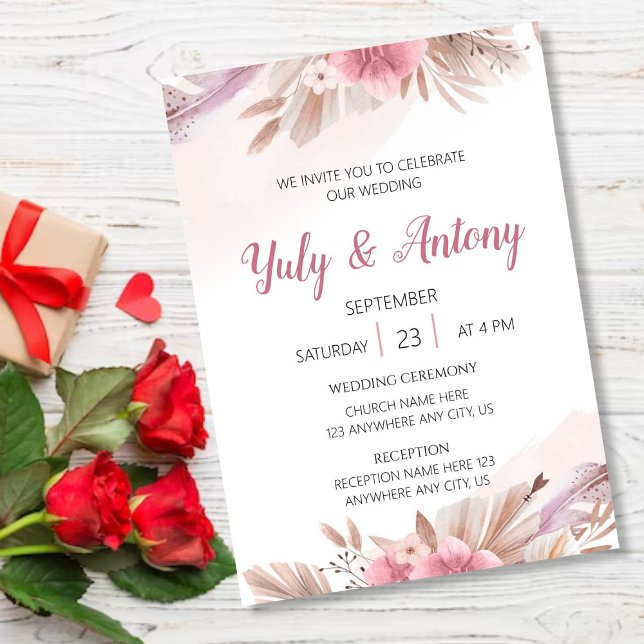 Tarjeta Invitación color champagne, rosado boda Inbjudningar (Tarjeta de invitacion flores beige, marron y rosado)