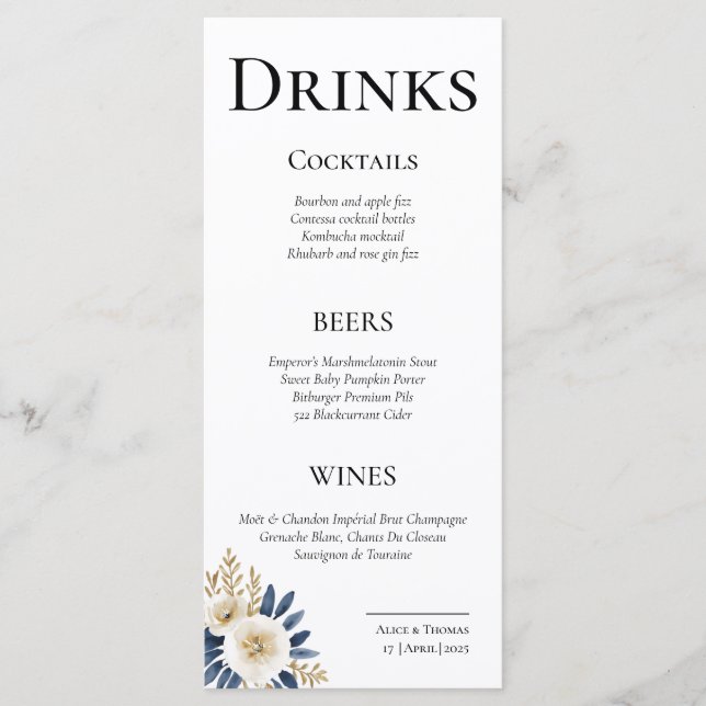 Tarjetas de Menú Cheers Couple Floral Blue Gold Meny (Framsida)