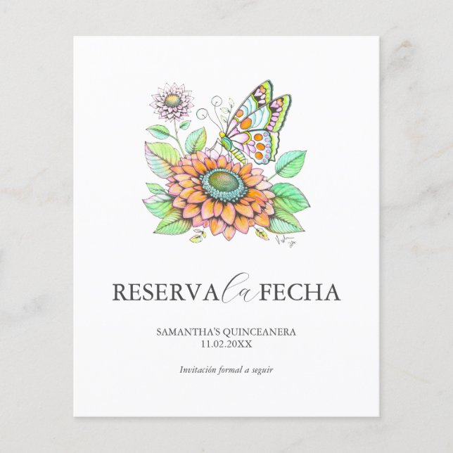 Tarjetas de ’Reserva la Fecha’ para Quinceañeras Flygblad (Framsidan)