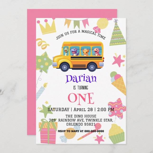 Tårning av dinosaur Back to school Buss-kaka Födel Spara Datumet (Fram/baksida)