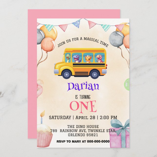 Tårning av dinosaur Back to school Buss-kaka Födel Spara Datumet (Fram/baksida)