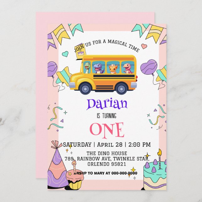 Tårning av dinosaur Back to school Buss-kaka Födel Spara Datumet (Fram/baksida)