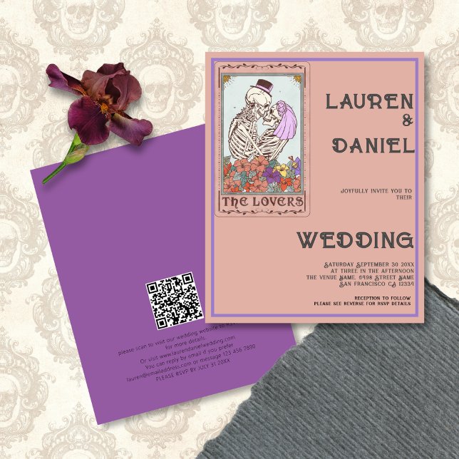 Tarot älskare, minimalistisk text QR kod gotiic Br (Tarot Lovers Wedding Invite Front and Back view)