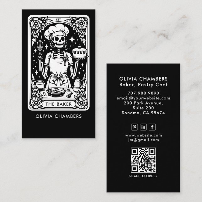 Tarot Baker Svart Vit Konditor qr kOD Visitkort (Fram/baksida)